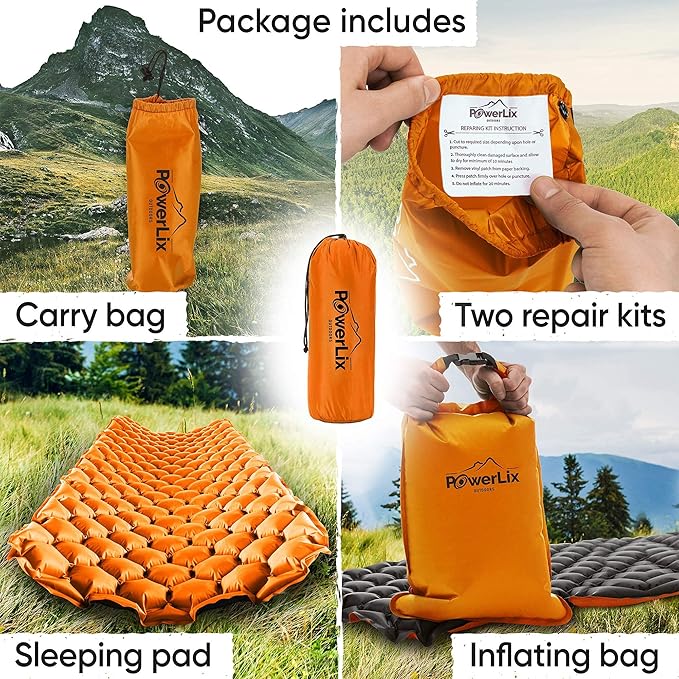 POWERLIX Ultralight Inflatable Sleeping Pad - Camping Mattress for Backpacking, Hiking with Bag, Repair Kit, Compact Sleeping Mat for Camping