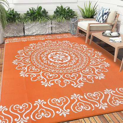 Pauwer Waterproof Outdoor Rug 6x9, Reversible Plastic Straw Patio Camping Rug, Indoor Outdoor RV Mat Carpet for Deck, Camper, Porch, Balcony, Backyard, Picnic, Floral Orange