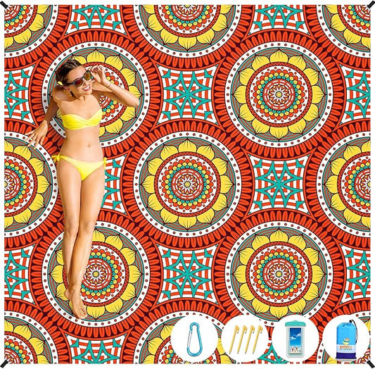 BYDOLL Beach Blanket Mandala Sandproof Waterproof 78''×110''1-7 Adults Compact Lightweight Oversized Beach Blanket Large Picnic Mat Blanket for Travel Camping Hiking Picnic