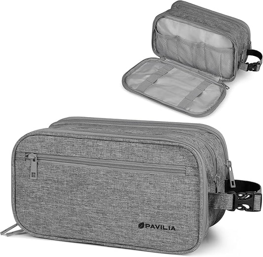 PAVILIA Toiletry Bag for Men, Travel Toiletries Bag | Water-resistant Dopp Kit, PU Leather Shaving Pouch Organizer for Accessories, Cosmetic, Hygiene, Grooming Essentials (Black)
