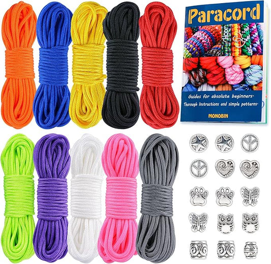 MONOBIN Micro Paracord，2mm 10Colors 20FT Paracord Combo Kit with Paracord Instructions and Charms for Making Paracord Bracelets, Lanyards, Jewelry Making