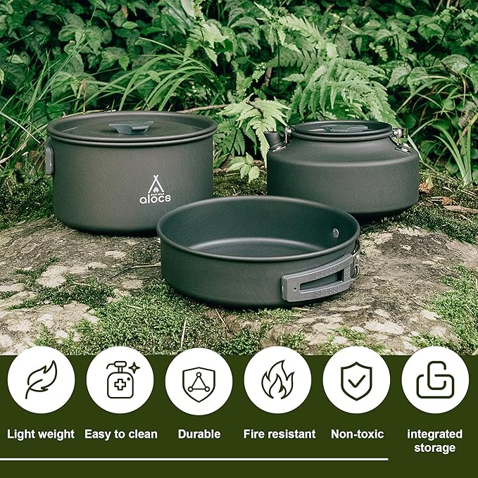 Alocs Camping Cooking Set Camping Gear, Camping Pots and Pans Set, Portable Camping Cookware Camping Essentials with Accessories for Outdoor Cooking, Backpacking, Hiking and Picnic.