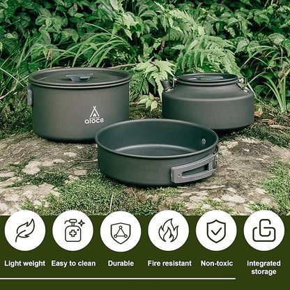 Alocs Camping Cooking Set Camping Gear, Camping Pots and Pans Set, Portable Camping Cookware Camping Essentials with Accessories for Outdoor Cooking, Backpacking, Hiking and Picnic.