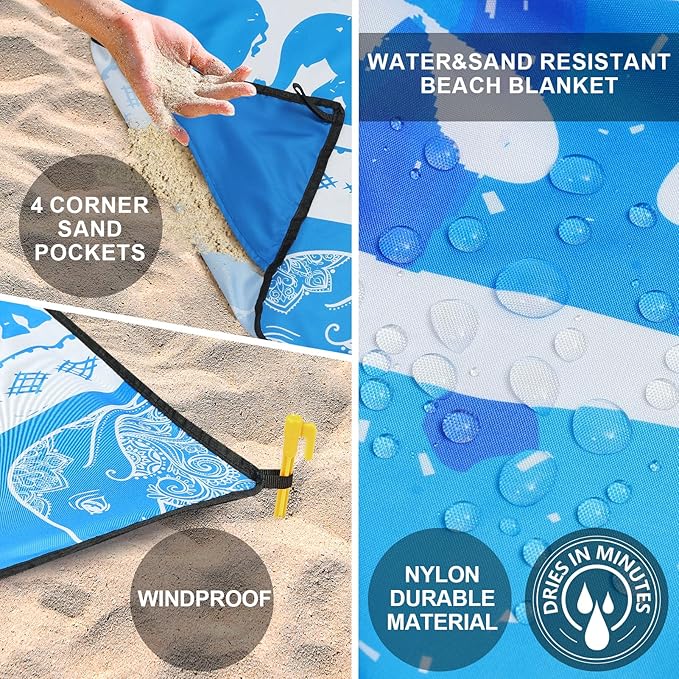 Beach Blanket Waterproof Sandproof Beach Mat for 1-8 Adults Quick Drying Durable Outdoor Picnic Mat for Beach Festival Travel Camping Hiking (Elephant-GC BL, 79"×83"(4 Person))