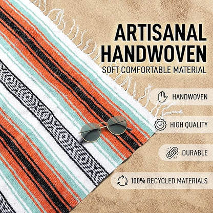 Authentic Extra Large Mexican Blanket (70"x50") - Handwoven Yoga Blanket, Serape Blanket - Artisanal Falsa Blanket, Beach Blanket, Camping Blanket, Picnic Blanket, Outdoor Blanket (Mint-Orange)