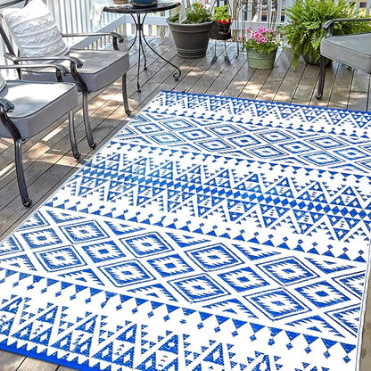 Waterproof Outdoor Rug 6x9ft, Bohemia Reversible Plastic Straw Mat for Patio RV Deck Porch Backyard Balcony Camping Picnic Beach Indoor Outdoor Carpet, Blue&White