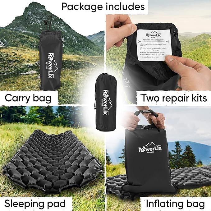 POWERLIX Sleeping Pad – Ultralight Inflatable Sleeping Mat, Ultimate for Camping, Backpacking, Hiking – Airpad, Inflating Bag, Carry Bag, Repair Kit – Compact & Lightweight Air Mattress (Black)