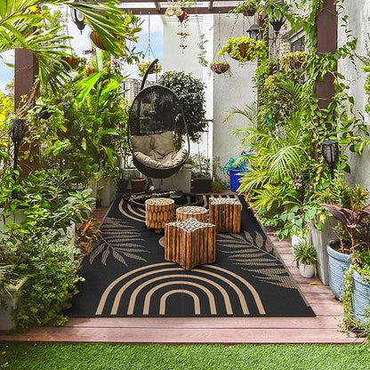 GENIMO Outdoor Rug 5' x 8' Waterproof for Patios Clearance, Reversible Outdoor Plastic Straw Camping Rug Carpet, Large Area Rugs Mats for RV, Camper, Deck, Balcony, Porch, Beach, Picnic, Black&Brown