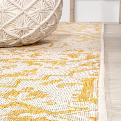 JONATHAN Y SMB105H-5SQ Estrella Bohemian Medallion Textured Weave Indoor Outdoor Area Rug, Coastal Traditional Transitional Easy Cleaning,Bedroom,Kitchen,Backyard,Patio, Cream/Yellow, 5' Square