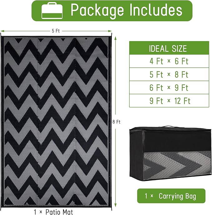 Easy-Going Reversible Outdoor Rugs 5x8ft Waterproof Plastic Straw Rug Stain & UV Resistant Floor Mat for Patio Porch RV Backyard Pool Deck Picnic Beach Trailer Camping (Waved Black & Grey)