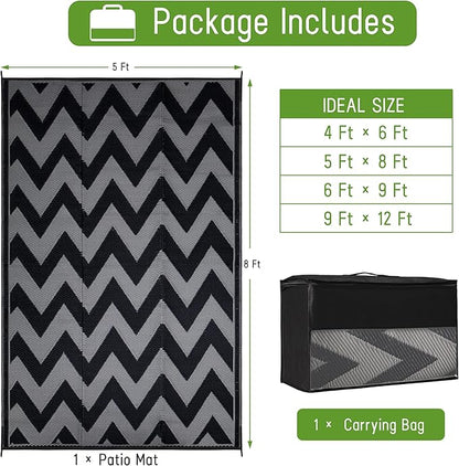 Easy-Going Reversible Outdoor Rugs 5x8ft Waterproof Plastic Straw Rug Stain & UV Resistant Floor Mat for Patio Porch RV Backyard Pool Deck Picnic Beach Trailer Camping (Waved Black & Grey)