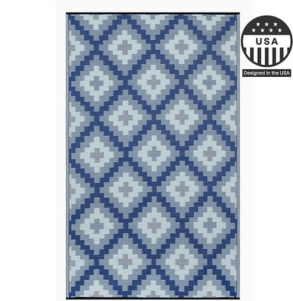FH Home Outdoor Rug - Waterproof, Fade Resistant, Reversible - Premium Recycled Plastic - Geometric - Patio, Deck, Porch, Balcony, Laundry Room - Aztec Kilim - Blue Multi Crease Free - 5 x 8 ft
