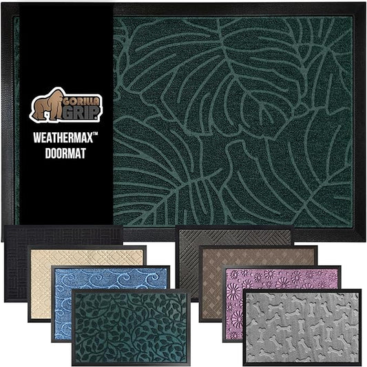 GORILLA GRIP 100% Waterproof All-Season WeatherMax Doormat, Durable Natural Rubber, Stain and Fade Resistant, Low Profile, Indoor Outdoor Door Mats, Easy Clean Patio Entrance Mat, 17x29, Green Palm