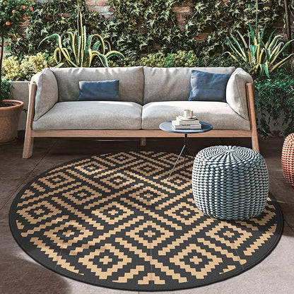 GENIMO 8' Round Outdoor Rug for Patios Clearance, Reversible Plastic Straw Rugs, RV Camping Mat for Camper, Balcony, Backyard, Picnic, Deck, Black & Brown