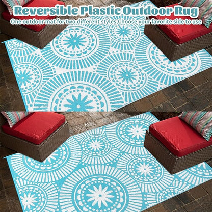 Ileading Reversible Plastic Outdoor Rug Modern Geometric Style Straw Mat, Waterproof Patios Carpet 6x9ft Non Shedding Portable Decor Area Rugs for Deck RV Picnic Beach Backyard (6' x 9'Teal)