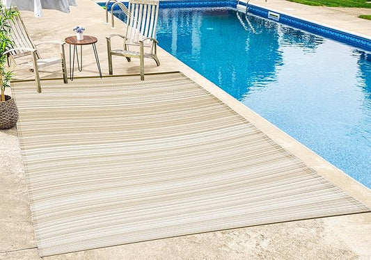 FH Home Outdoor Camping Rug - Waterproof, Fade Resistant, Reversible - Premium Recycled Plastic - Striped - Large Patio, Deck, Sunroom, RV - Havana - Beige - 4 x 6 ft Foldable