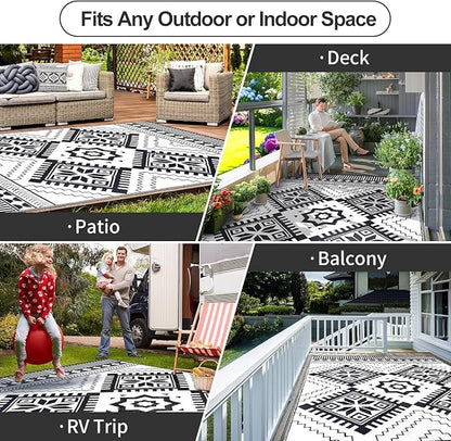 Waterproof Outdoor Rug 9x12ft, Boho Reversible Plastic Straw Mat for Patio RV Deck Porch Backyard Balcony Camping Picnic Beach Indoor Outdoor Carpet, Black&White
