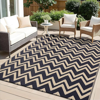 OLANLY Waterproof Outdoor Rug 5x8 ft Clearance, Reversible Outdoor Plastic Straw Rug, RV Mat, Indoor Outdoor Carpet for Patio, Camping, Balcony, Deck, Backyard, Black & Beige