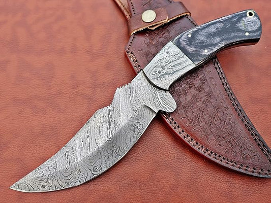 11.5" Long Hand Forged Damascus Steel Trailing Point Full Tang Blade Skinning Knife, 2 Tone Black Dollar Wood Scale with Damascus Bolster, Cow Hide Leather Sheath Included