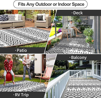 Waterproof Outdoor Rug 8x10ft, Bohemia Reversible Plastic Straw Mat for Patio RV Deck Porch Backyard Balcony Camping Picnic Beach Indoor Outdoor Carpet, Black&White