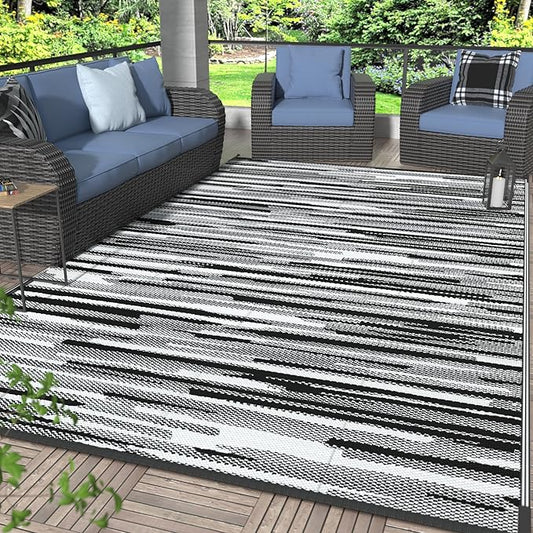 GENIMO Outdoor Rug for Patio Clearance, 5'x8' Waterproof Camping Mat, Reversible Plastic Straw Rugs for RV, Camper, Balcony, Backyard, Picnic, Deck (Black White)