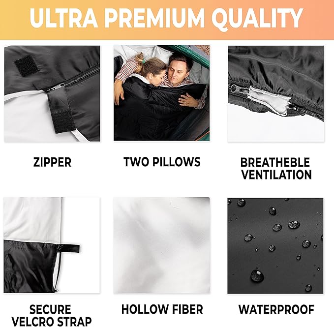 Zone Tech Double Camping Sleeping Bag with 2 Pillows – 3-4 Season Lightweight Waterproof Warm & Cool Weather Adult & Kids Sleeping Bag Converts into 2 Single -Camping, Hiking, & Outdoors