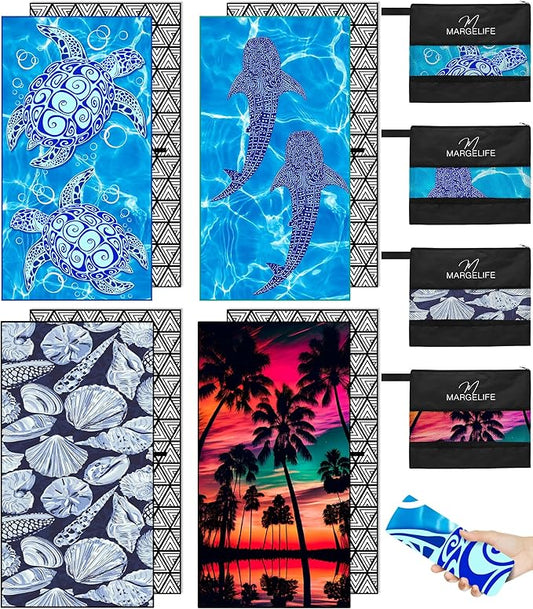 Microfiber Beach Towel – Quick Dry Lightweight Sand Free Oversized Large Towel Accessories Swim Pool Yoga Camping Summer Cruise Ship Essentials Compact Sandproof Gift (Shark Shell Sunset,71" 32")