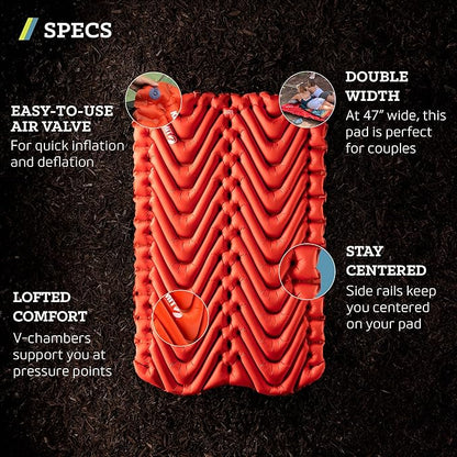 KLYMIT Insulated Double V Inflatable Sleeping Pad | Thick, Lightweight, Easy to Inflate, Foldable Air Bed for Camping & Backpacking