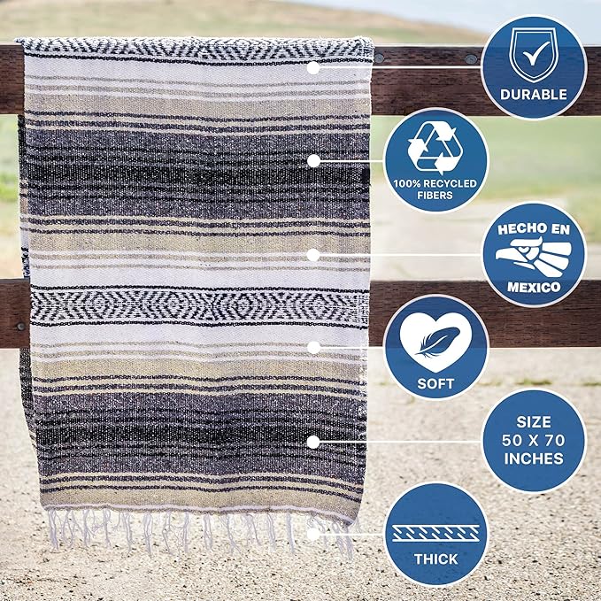Benevolence LA Authentic Handwoven Mexican Blanket, Yoga Blanket - Perfect Outdoor Picnic Blanket, Beach Blanket, Camping Blanket, Equestrian Saddle Blanket, Serape Blanket 50x70 inches - 1 Blanket