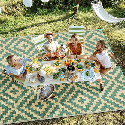 Outdoor Patio Plastic Straw Rug - 9'x12' Outdoor Camping Rug Waterproof Reversible, Area Carpet Patios Clearance RV, Outside Porch Balcony Deck for Camper, Green & Yellow