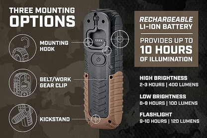 Spec Ops Tools 2-in-1 Rechargeable LED Work Light + Flashlight, 150-400 Lumens, Waterproof, Magnetic Base with Hook, 3 Light Modes, 3percent Donated to Veterans, SPEC-FLASHT