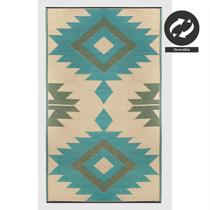 FH Home Outdoor Rug - Waterproof, Fade Resistant, Reversible - Premium Recycled Plastic - Geometric - Patio, Deck, Porch, Balcony - Bursa Kilim - Teal Crease Free - 5 x 8 ft