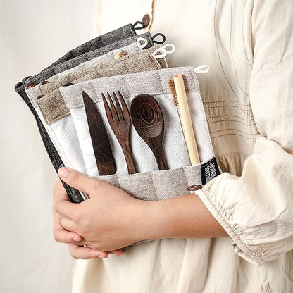 Jungle Culture® Premium Wooden Travel Utensils • Knife, Fork, Spoon, Straw, Case • Eco Friendly Alternative to Bamboo Cutlery • Coconut Bowls Zero Waste Reusable Flatware • Portable Camping Picnic Set