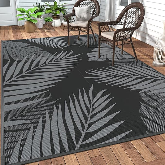 GENIMO Outdoor Rug 9' x 18' Waterproof for Patios Clearance, Reversible Outdoor Plastic Straw Camping Rug Carpet, Large Area Rugs Mats for RV, Camper, Deck, Balcony, Porch, Beach, Picnic, Black&Grey