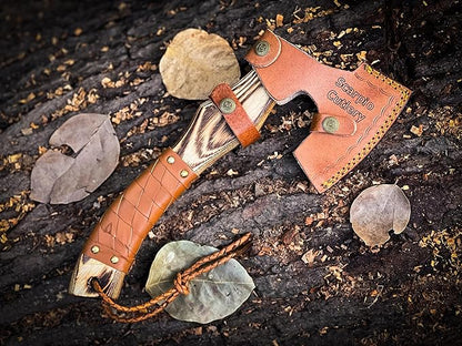 13" Custom Handmade Carbon Steel Viking Axe Real Hatchet, Norse Viking Axe, Throwing Axe, Best Gift for him, Leather Wrapped Handle and Leather Sheath (Valknut Axe)