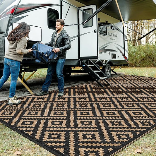 GENIMO Outdoor Rug for Patio Clearance, 9'x18' Waterproof Camping Mat, Reversible Plastic Straw Rugs for RV, Camper, Balcony, Backyard, Picnic, Deck (Black & Brown)