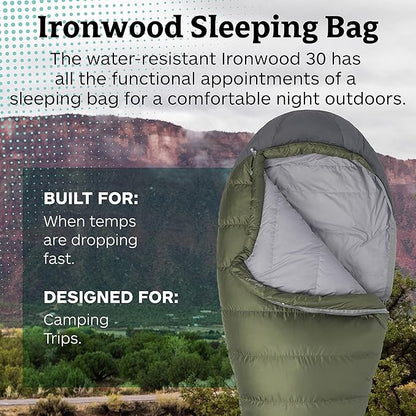 MARMOT Ironwood Mummy Sleeping Bag - 650 Fill Down, Lightweight, 30-Degree Rating, Bomber Green/Steel Onyx, Regular