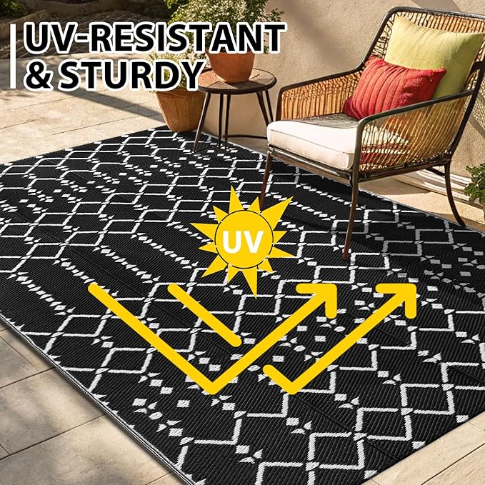 Smiry Outdoor Rug 8x10 ft, Waterproof Reversible Plastic Straw Rugs, Boho Outdoor Area Rug, Outside Floor Mat for Patio, Backyard, Deck, Picnic, Beach, Camping, Black