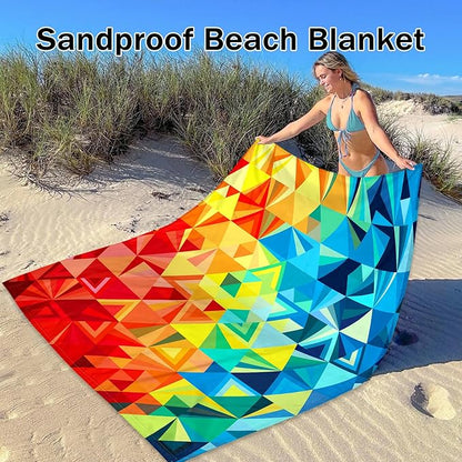 Colorful Beach Blanket Waterproof Sandproof, 78”x 86” Large Sand Free Beach Mat with Stakes & Portable Bag, Big Flodable Compact Outdoor Pockets Picnic Blanket for Festival, Camping - Triangle Blocks