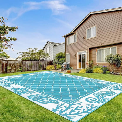 Vaukki Reversible Rugs, Plastic Straw Outdoor Doormat, Fade Resistant Plastic Outdoor Patio Mat, Lightweight Ocean Area Carpet for Patio, RV, Camping, Beach, Deck, Backyard and Picnic (Teal, 9'x12')
