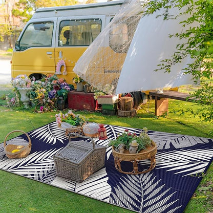 GENIMO Outdoor Rug 6' x 9' Waterproof for Patios Clearance, Reversible Outdoor Plastic Straw Camping Rug Carpet, Large Area Rugs Mats for RV, Camper, Deck, Balcony, Porch, Beach, Navy Blue&White