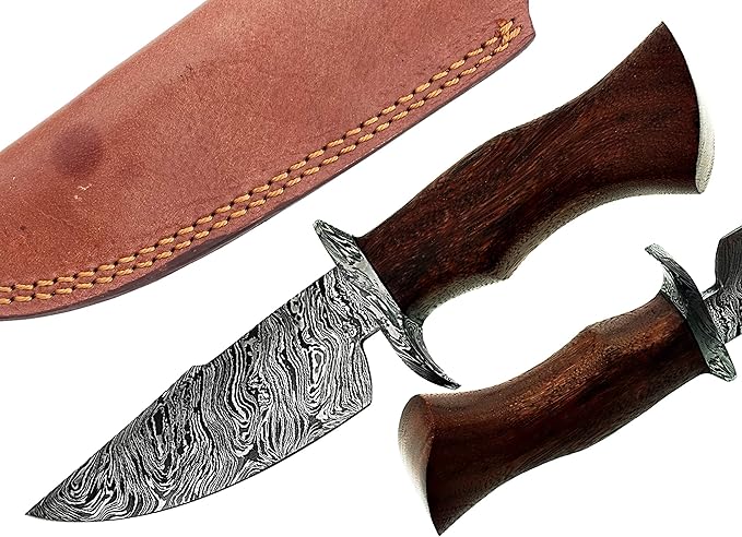 10.5" Beautiful Damascus Steel Bowie Knife made of Damascus Steel and forge Fire Storm pattern blade with an amazing Rose wood 5” handle & Damascus Steel Pommel & Damascus Steel Guard- An amazing Hunting knife with a beautiful Sheath