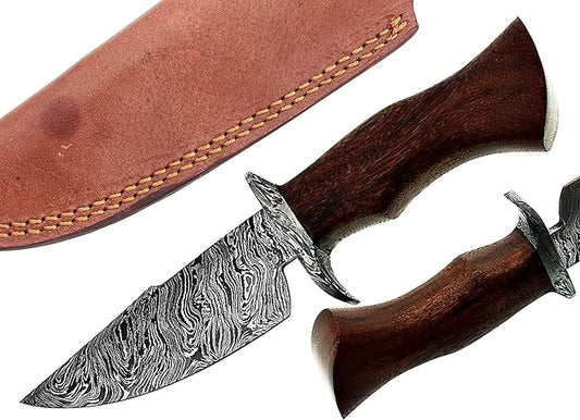 10.5" Beautiful Damascus Steel Bowie Knife made of Damascus Steel and forge Fire Storm pattern blade with an amazing Rose wood 5” handle & Damascus Steel Pommel & Damascus Steel Guard- An amazing Hunting knife with a beautiful Sheath