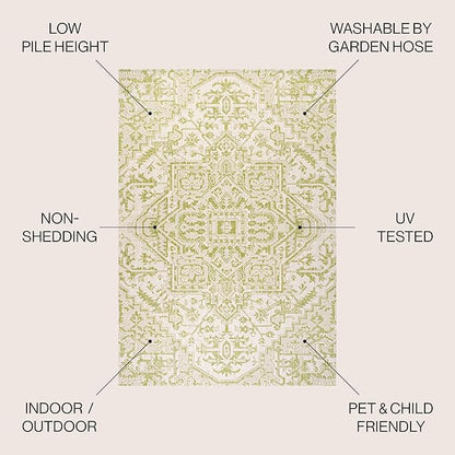 JONATHAN Y SMB105E-5 Estrella Bohemian Medallion Textured Weave Indoor Outdoor Area Rug, Coastal,Traditional,Transitional Easy Clean,Bedroom,Kitchen,Backyard,Patio, Non-Shed, Cream/Green, 5 X 8