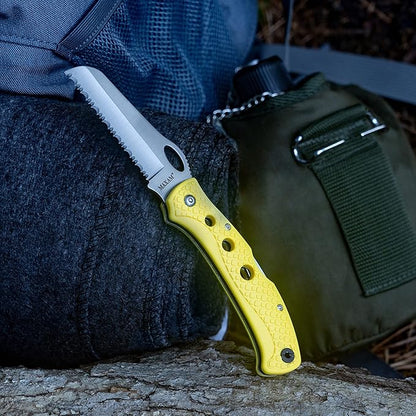 Maxam 5 Inch Saltwater Knife - Rust-Proof German Stainless Steel Serrated Blade with High-Visibility Yellow Handle, Reversible Pocket Clip, Lanyard Hole
