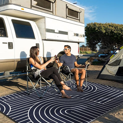 GENIMO Outdoor Rug 6'x9' Patio Waterproof, Lightweight Outdoor Plastic Straw Rug Clearance, Reversible Camping Mat Outdoor Carpet for RV, Picnic, Backyard, Deck, Balcony, Porch, Blue & White