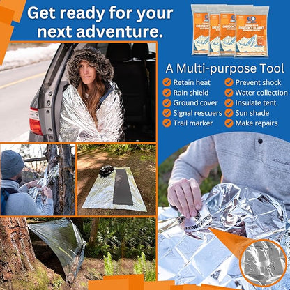 Camping Emergency Blanket for Survival with Repair Patches [4 Pack] - Emergency Mylar Thermal Blanket for Winter - Mylar Space Blanket Survival Blanket Extreme Cold - Emergency Mylar Blanket Bulk