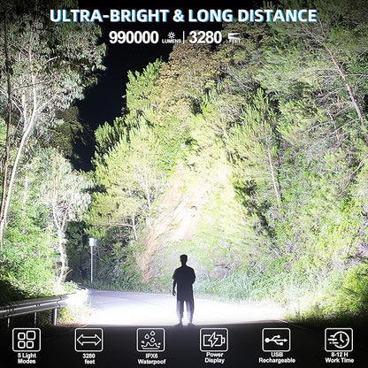 Rechargeable LED Flashlights High Lumens, 2Pack 990,000 Lumens Super Bright Flashlights with 5 Modes, Waterproof Powerful Flash Light Multifunctional Flashlights for Home Emerge∩cies Camping