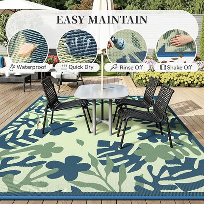 MontVoo Outdoor Rug Waterproof 6x9 ft RV Outdoor Rug for Camping Picnic Mat Outdoor Patio Rug Carpet Plastic Straw Reversible Floral Teal Blue Green