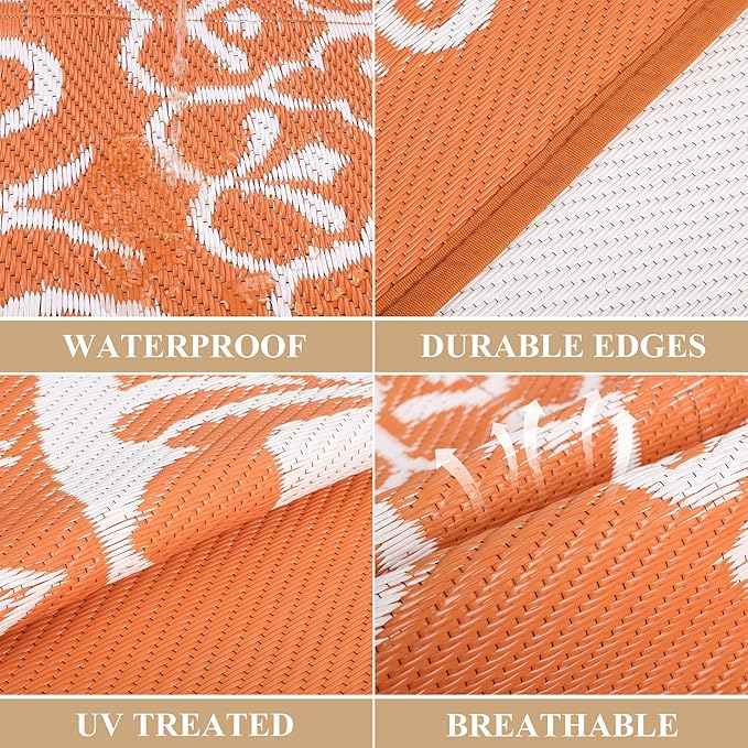 Pauwer Waterproof Outdoor Rug 6x9, Reversible Plastic Straw Patio Camping Rug, Indoor Outdoor RV Mat Carpet for Deck, Camper, Porch, Balcony, Backyard, Picnic, Floral Orange